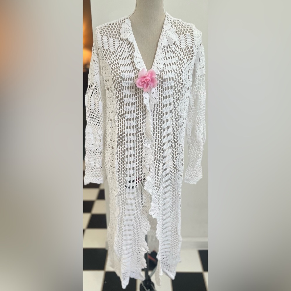 🆕🩷DRAMATIC 100% Cotton Hand Crochet Long Sleeved Duster in White (Made in US)